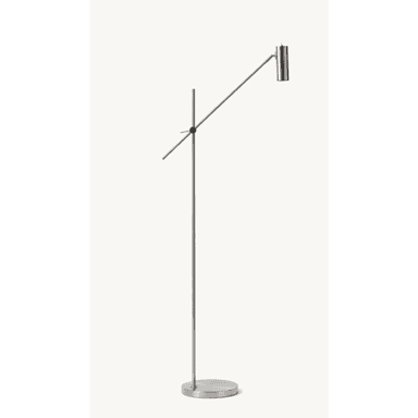 A minimalist floor lamp with a brushed metal finish, featuring a slim vertical stand and an adjustable angled arm that supports a cylindrical lamp head. The base is a flat, circular disc. — 3D model (AI enhanced source)