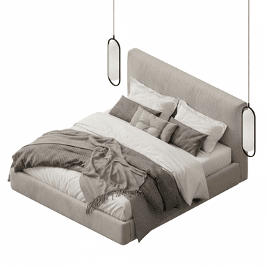 A modern upholstered platform bed with a tall, gently curved headboard and a low-profile base, finished in a light neutral fabric. The bed is dressed with white sheets, grey pillows, and a grey textured throw blanket. Two minimalist capsule-shaped pendant lights with black frames are suspended above the bed. — 3D model (AI enhanced source)