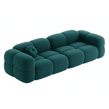 A modern, modular sofa featuring rounded, bubble-like upholstered sections in a deep teal color. The sofa consists of multiple individual soft modules forming the seat, backrest, and armrests, giving it a distinctive plush and inviting appearance. A small circular throw pillow is placed in the corner. — 3D model (AI enhanced source)