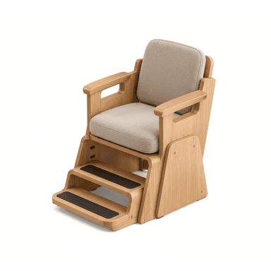 A light wooden chair with a beige upholstered seat and backrest, featuring two integrated steps at the front. The armrests have cut-out handles. — 3D model (AI enhanced source)