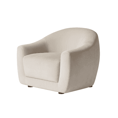 A contemporary club armchair upholstered in a light beige, textured fabric, resembling bouclé. The chair features a distinctive rounded, barrel-like silhouette with a wide, deep seat and integrated, subtly curved armrests that flow seamlessly into the backrest. The entire piece is generously padded, presenting a soft, inviting form. Small, dark wooden feet are visible at the base, slightly lifting the chair off the floor. Its design prioritizes comfort and a modern, organic aesthetic. — 3D model (AI enhanced source)