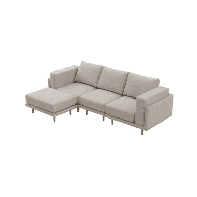 A modern L-shaped sectional sofa with a left-hand facing chaise, upholstered in light beige fabric, featuring clean lines, block arms, and subtle tapered wooden legs. — 3D model (AI enhanced source)