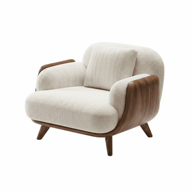 A contemporary armchair featuring a soft, textured off-white upholstery complemented by sculpted dark wood elements forming the armrests and base frame. — 3D model (AI enhanced source)