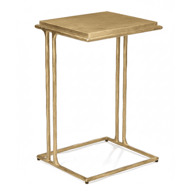 A gold-toned metal C-table with a textured finish, featuring a rectangular top and a C-shaped continuous frame designed to slide over seating. — 3D model (AI enhanced source)