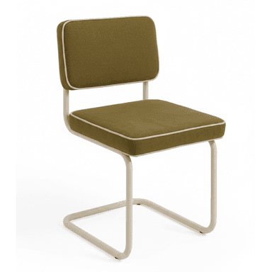 A modern armless chair featuring a continuous tubular metal frame that forms both the sled base and supports the upholstered seat and backrest. The upholstery is a textured moss green fabric, complemented by light beige piping along the edges of the cushions, which matches the color of the metal frame. The design is minimalist and contemporary, providing a clean silhouette suitable for various interior settings. — 3D model (AI enhanced source)