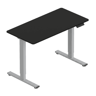 An electric adjustable-height standing desk featuring a rectangular black tabletop supported by two silver metal T-shaped legs. A control panel with height adjustment buttons and memory presets is visible on the underside of the tabletop. — 3D model (AI enhanced source)