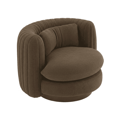 A medium-brown channel-tufted lounge chair with a rounded barrel silhouette, featuring a circular swivel base and a matching removable accent pillow. The upholstery appears to be a soft, textured fabric. — 3D model (AI enhanced source)