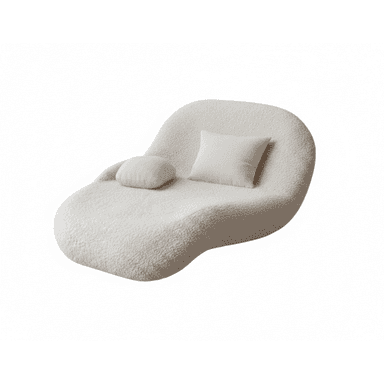 An organically shaped chaise lounge upholstered in a textured bouclé fabric, featuring a flowing, contoured form designed for reclining comfort. It includes two coordinating throw pillows, one larger and one smaller, positioned to support the back and head. — 3D model (AI enhanced source)