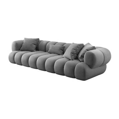 A long, contemporary sofa in a soft grey color, characterized by its distinctive 'bubble' or 'cloud-like' design where the entire body, including the seat, back, and arms, is formed by individual, plush, rounded upholstered sections. It is accompanied by several matching throw pillows. — 3D model (AI enhanced source)