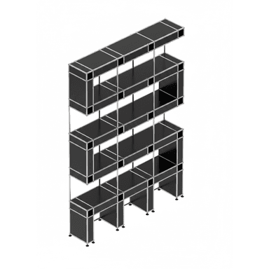 A tall, multi-level modular shelving and storage unit featuring a silver metal framework and black laminate panels, forming various open and semi-enclosed compartments. — 3D model (AI enhanced source)