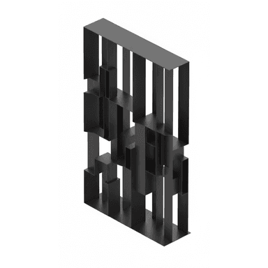 A modern, abstract bookshelf with a geometric, open-frame design. It features vertical and horizontal rectangular elements creating cubby-like spaces of varying sizes, arranged in an asymmetrical pattern. The structure appears to be made of metal. — 3D model (AI enhanced source)