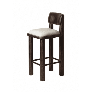 A dark brown wooden bar stool with a light-colored upholstered seat and a matching upholstered backrest. The stool has four thick, cylindrical legs with a visible wood grain texture. There are two horizontal supports connecting the legs for stability. The backrest is a single, slightly curved piece attached to the rear legs. — 3D model (AI enhanced source)