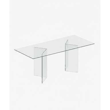 A rectangular table constructed entirely from clear glass, featuring a flat top supported by two distinct angled glass panel bases. — 3D model (AI enhanced source)