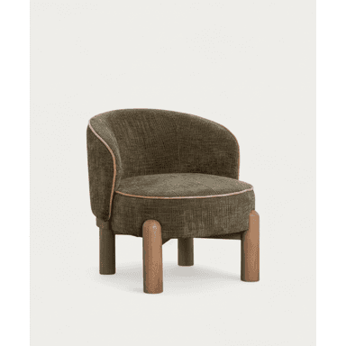 A compact, upholstered accent chair featuring a rounded backrest that flows into integrated arms. The chair is covered in a ribbed, dark green fabric with light pink piping detail along the edges of the back and seat cushion. It stands on four short, cylindrical wooden legs. — 3D model (AI enhanced source)