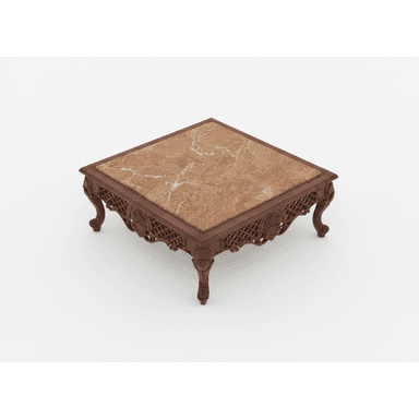 A square, traditional coffee table featuring a polished brown marble top with white and lighter brown veining. The base and four cabriole legs are crafted from dark brown hardwood, intricately carved with floral and geometric openwork patterns along the apron and detailed motifs on the legs. — 3D model (AI enhanced source)