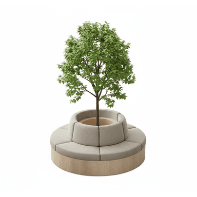 A modern circular upholstered bench designed to encircle a tree or planter, featuring modular segments with a light wood base. — 3D model (AI enhanced source)