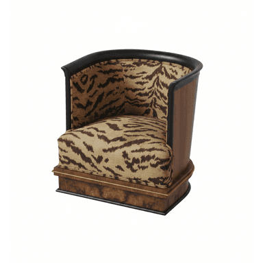 A barrel-shaped club chair upholstered in a striking tiger-stripe fabric, featuring a dark wood panel exterior with a sleek black trim. The base showcases a distinctive burled wood veneer. — 3D model (AI enhanced source)