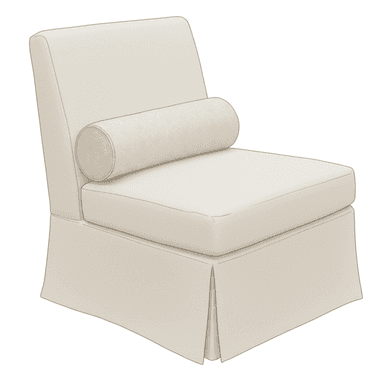 An armless upholstered chair featuring a low back, a deep seat cushion, and a skirted base with pleats. A cylindrical bolster pillow rests against the backrest. — 3D model (AI enhanced source)