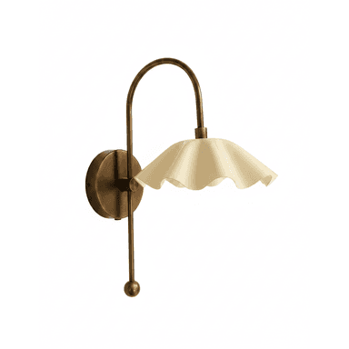 An aged brass wall sconce featuring a curved gooseneck arm and a distinctive ruffled, opaque cream-colored shade. It includes a matching pull chain with a spherical finial for operation. — 3D model (AI enhanced source)