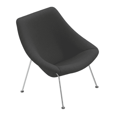 A modern lounge chair featuring a continuously curved, dark gray upholstered shell seat and back, supported by four slender, splayed polished metal legs. — 3D model (AI enhanced source)