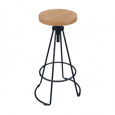 An adjustable height bar stool featuring a round, light-toned wooden seat and a splayed black metal base with an integrated footrest. The height adjustment is achieved via a visible screw mechanism and spring. — 3D model (AI enhanced source)