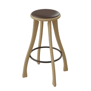 A tall, contemporary bar stool featuring a round, padded dark brown seat. Its three splayed legs are constructed from wood and meticulously wrapped in a light-colored woven natural fiber, likely rattan or cane, creating a textured surface. A black circular metal footrest connects the legs, providing stability and support. — 3D model (AI enhanced source)