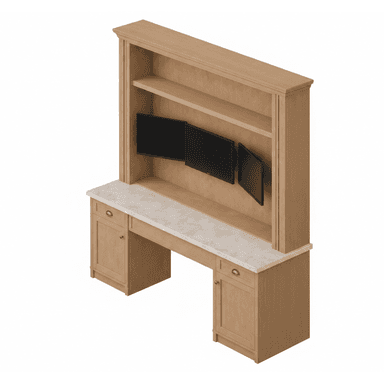 An isometric rendering of a light-colored wooden desk unit featuring an integrated hutch with shelving. The desk has a light-colored, possibly marble or stone, countertop. The base includes two pedestals with paneled cabinet doors and a central drawer. The hutch section above the desk surface features an open back with three wall-mounted monitors and two open shelves on top. Architectural details like fluted side columns and crown molding are present on the hutch. — 3D model (AI enhanced source)