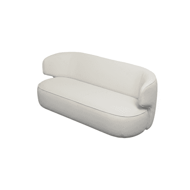 A modern, curved, asymmetrical loveseat upholstered in a light, textured fabric. It features a continuous, rounded backrest that flows into a single armrest on the right side, with the left side being armless. The base is also fully upholstered, giving it a monolithic appearance. — 3D model (AI enhanced source)