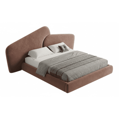 A contemporary upholstered bed frame with a distinctive, asymmetrical headboard. The headboard features two curved, wing-like panels of varying heights. The bed frame is low-profile and fully upholstered, including the side rails and footboard. It is presented with a mattress, two white pillows, and a grey quilted comforter. — 3D model (AI enhanced source)