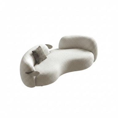 An off-white, intricately curved chaise lounge, upholstered in a textured boucle fabric. The design features an organic, asymmetric shape, with a higher backrest on one end and a lower, more open side on the other. Two small, round, bronze-toned integrated side tables or trays are set into the frame. A single small, patterned cushion rests on the chaise. — 3D model (AI enhanced source)