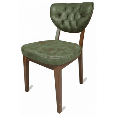 An armless dining chair featuring a solid wood frame with a dark finish, and a seat and backrest upholstered in a distressed green material, likely faux leather. The backrest is curved and adorned with button tufting. — 3D model (AI enhanced source)