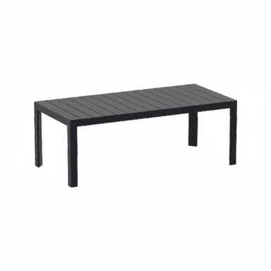 A dark grey rectangular coffee table with a slatted tabletop and straight, square legs. The design is minimalist and appears to be constructed from metal, suitable for outdoor use. — 3D model (AI enhanced source)