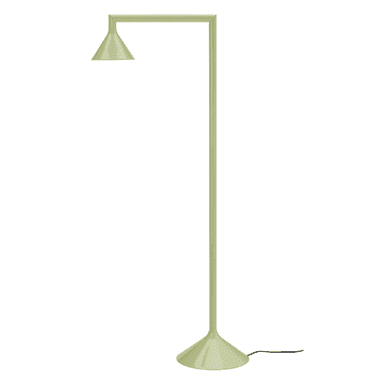 A minimalist light green floor lamp featuring a straight vertical stem, a right-angle arm, a conical shade, and a round, flat base. — 3D model (AI enhanced source)