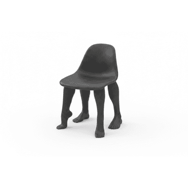 A unique chair with a seat and backrest that appears to be molded from a single piece of material. It is supported by four legs designed to resemble human legs and feet. The legs are positioned as if walking or standing. — 3D model (AI enhanced source)