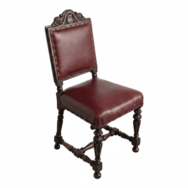 An ornate, traditional side chair featuring a dark carved wood frame and burgundy leather upholstery. The backrest has an elaborate carved crest rail and stiles, while the seat and back are padded and trimmed with individual brass nailheads. The legs are turned and carved, connected by stretchers, and terminate in bun feet. — 3D model (AI enhanced source)