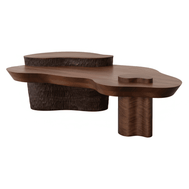 A sculptural, multi-tiered coffee table crafted from dark walnut wood. It features an organic, freeform tabletop with a smaller, raised circular platform on one end, and an integrated, slightly raised heart-shaped detail on the main surface. The table is supported by two distinct bases: a large, textured chiseled base with a roughly cylindrical form, and a smaller, smooth cylindrical leg with a subtle undulating wavy profile. The overall design emphasizes natural forms and contrasting textures. — 3D model (AI enhanced source)