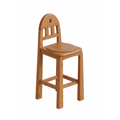 A wooden bar stool featuring a natural finish, a slatted backrest with an arched top rail, a circular cut-out, and integrated footrests on all four sides. — 3D model (AI enhanced source)