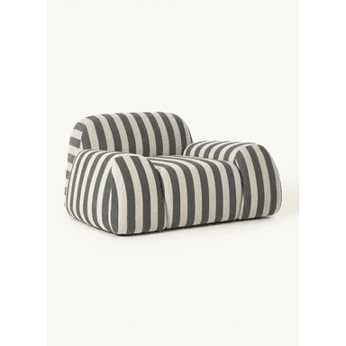 A contemporary lounge chair featuring a plush, rounded silhouette and upholstered in a fabric with thick, alternating dark grey and off-white vertical stripes. The chair exhibits an inviting, soft appearance with integrated armrests and backrest. — 3D model (AI enhanced source)