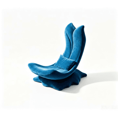 A uniquely designed lounge chair, featuring a vibrant blue velvet upholstery and an organic, sculptural form. It has a low, deeply contoured seat and a high, multi-lobed backrest that appears to embrace the user. A small, matching cushion rests in the seat, and the base is fluid and integrated with the main body of the chair. — 3D model (AI enhanced source)