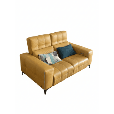 A modern two-seater reclining loveseat upholstered in mustard yellow leather, featuring deep tufting and integrated power recline mechanisms. — 3D model (AI enhanced source)