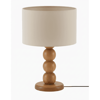 A contemporary table lamp featuring a natural light-toned wood base composed of three stacked spherical elements, culminating in a flat circular pedestal. It is topped with a neutral beige cylindrical fabric lampshade. A black power cord is visible extending from the base. — 3D model (AI enhanced source)