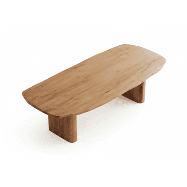 An organic modern solid wood coffee table featuring an elongated, rectangular top with softly rounded edges. The tabletop is thick and showcases natural wood grain. It is supported by two substantial, solid block-like legs positioned towards the ends, providing a sturdy and minimalist base. The overall design emphasizes natural materials and clean lines. — 3D model (AI enhanced source)