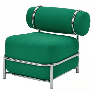 A modern armchair with a robust cylindrical backrest and a square seat. The frame is constructed from polished chrome, supporting the upholstered elements. The upholstery is a textured, vibrant green fabric. The design is characterized by clean lines and a minimalist aesthetic with tubular metal accents. — 3D model (AI enhanced source)