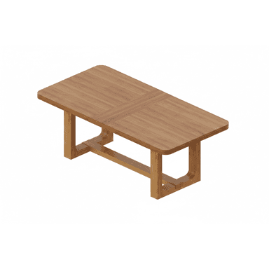 A rectangular wooden dining table with gently rounded corners on its tabletop. The table is supported by a distinctive integrated trestle base, consisting of two solid end supports connected by a central stretcher. The tabletop features a subtle, recessed cross-pattern detail. — 3D model (AI enhanced source)