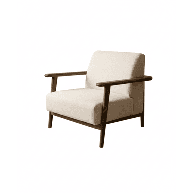 A modern upholstered armchair featuring an exposed dark wood frame and light beige fabric cushions. — 3D model (AI enhanced source)