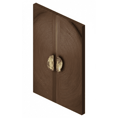A tall, narrow, rectangular cabinet featuring two doors. The doors are made of dark wood and are adorned with a unique textured pattern of concentric, undulating circles. In the center, where the two doors meet, there are two abstract, organic-shaped handles with a distressed gold or brass finish. The cabinet's design suggests a contemporary or organic modern aesthetic. — 3D model (AI enhanced source)