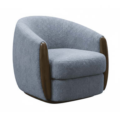 A compact, upholstered lounge chair featuring a rounded, barrel-like back and integrated armrests. It is covered in a light blue-grey textured fabric, resembling boucle, and accented with vertical, medium-toned wooden panels on the outer sides of the armrests, which extend down to form a subtle base. The chair has a low profile, emphasizing comfort and a modern aesthetic. — 3D model (AI enhanced source)