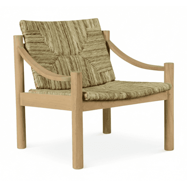 A low-profile lounge chair featuring a sturdy light-toned solid wood frame and a seat and backrest crafted from natural woven rush or similar plant fibers. The armrests are gently curved, connecting the front and back uprights. The weaving displays a distinct pattern, contributing to an organic and textured aesthetic. The chair's design emphasizes natural materials and clean, minimalist lines. — 3D model (AI enhanced source)
