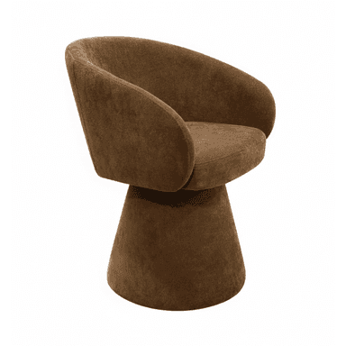 This is an upholstered swivel accent chair featuring a contemporary, seamless design. Its continuous, curved seat and backrest are covered in a rich, textured brown fabric, providing a cohesive and inviting aesthetic. The chair is supported by a substantial conical pedestal base, which is also fully upholstered in the matching fabric, enabling smooth 360-degree rotation. The design emphasizes a fluid, ergonomic shape suitable for lounging or as a statement piece. — 3D model (AI enhanced source)