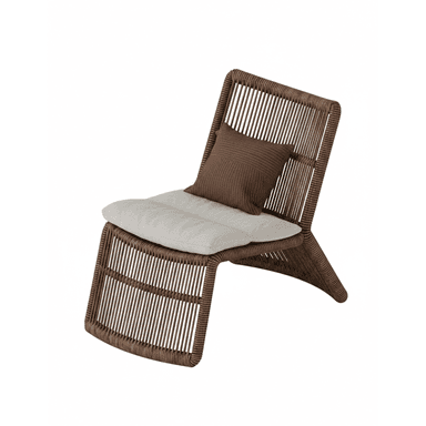 A modern lounge chair constructed from a woven material, featuring a sloping seat and back. It includes a light-colored seat cushion and a small, dark brown throw pillow with ribbed texture. — 3D model (AI enhanced source)